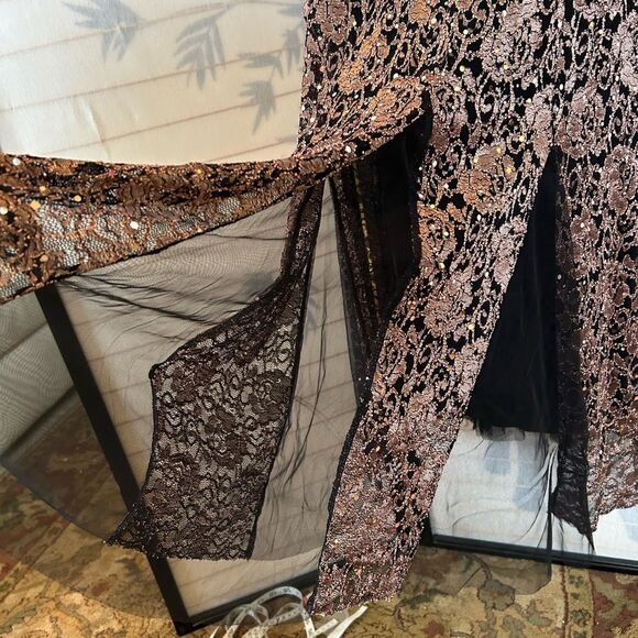 Candalite Petite Black Copper Lace Sequined Romantic Goth Maxi Dress PM - Picture 7 of 11